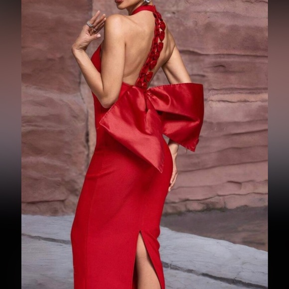 Elegant Red Bodycon Bandage Evening Dress with Bow Detail - Picture 1 of 7